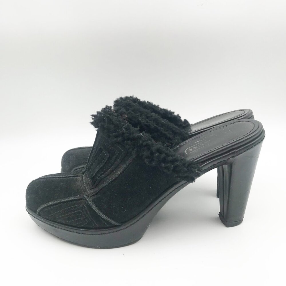 COACH Aubrey Black Suede Fur Lined High Heel Y2K Heeled Mules Womens 7 - Picture 3 of 13